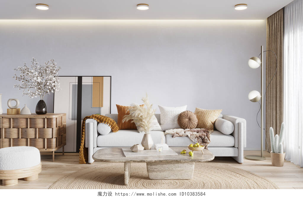 白色背景墙下的米白色家具Stylish living room interior with design furnitre and elegant accessories, 3d render